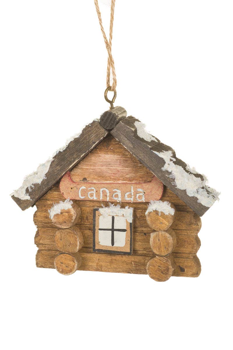 NEW-Umber Canada Log Cabin Ornament With Snowy Accents