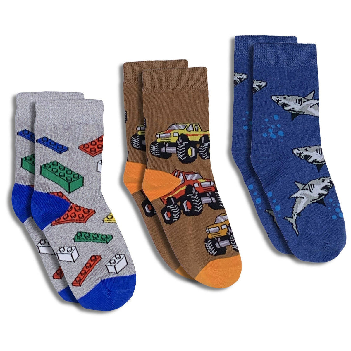 Building Blocks, Monster Trucks and Sharks Kids Socks