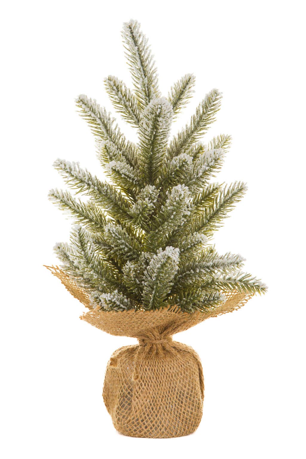 Green/White Frosted Christmas Tree with Burlap Wrapped Base