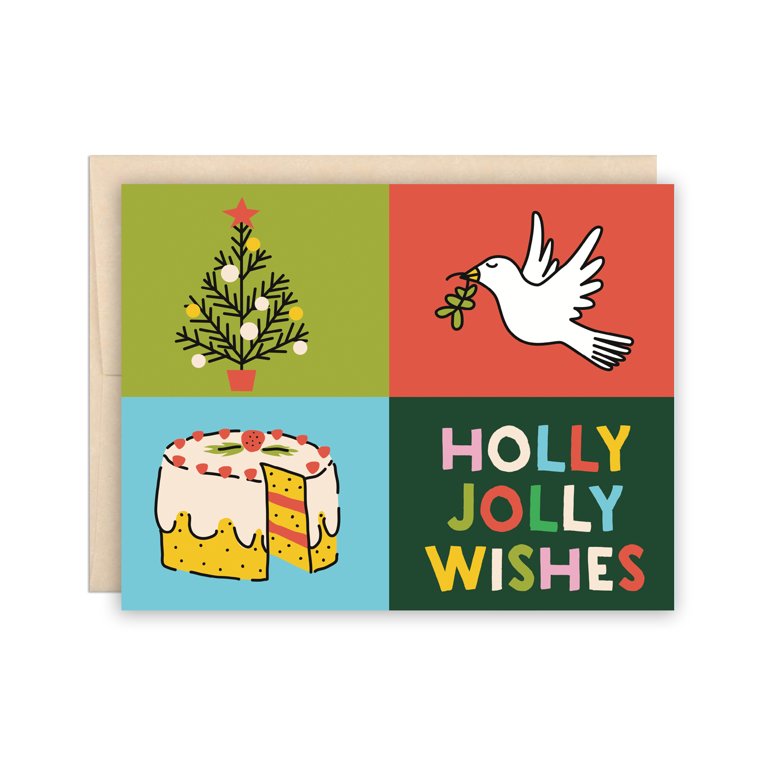 Cute Holly Jolly Wishes Illustrated Christmas Greeting Card
