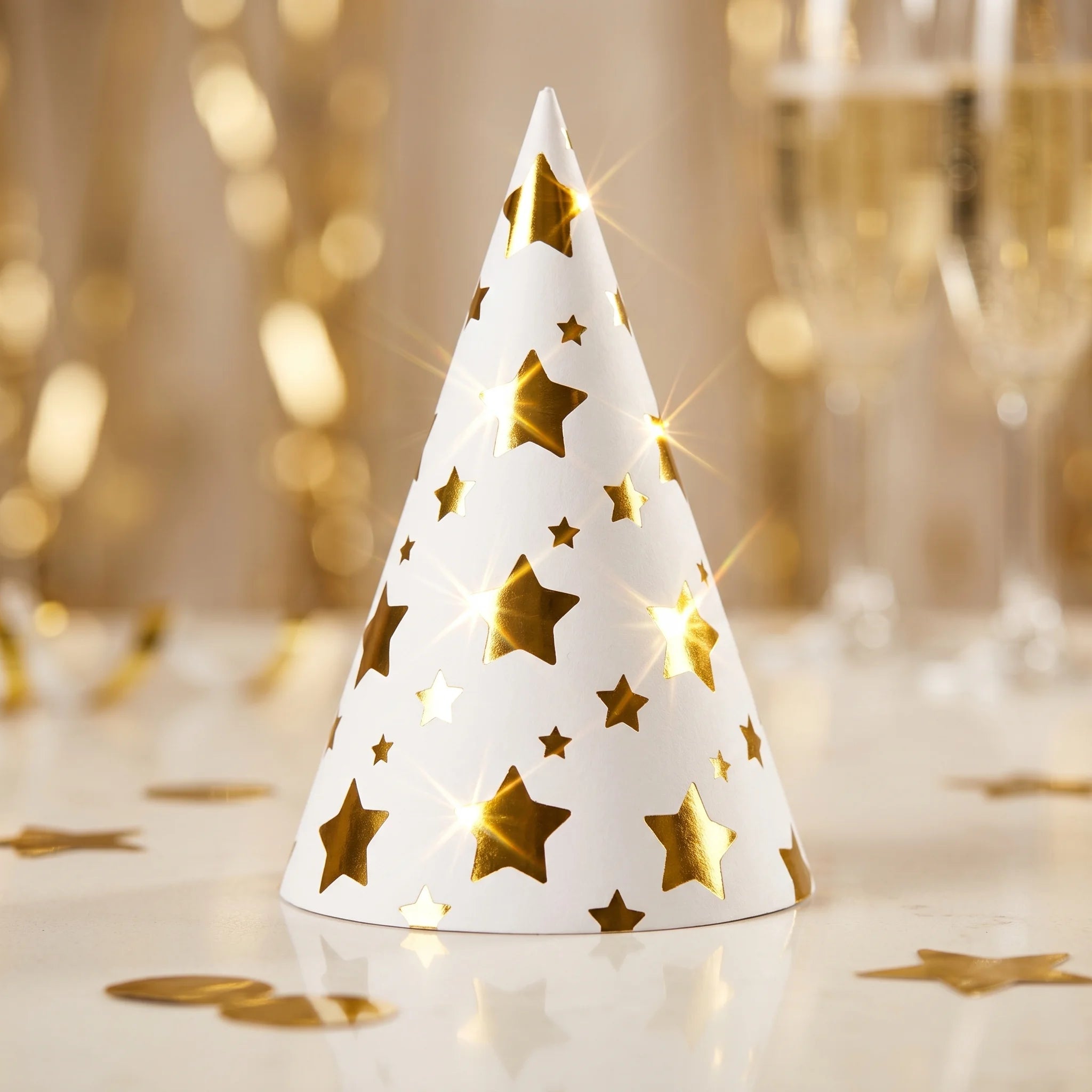 8 Pcs Premium Party Hat Hot Stamped Gold Stars White 7”
