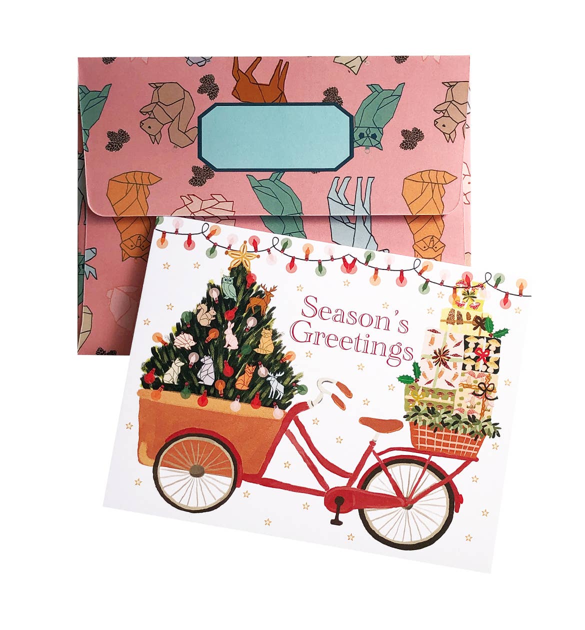 Holiday Card – Bike with Tree and Origami Woodland Ornaments