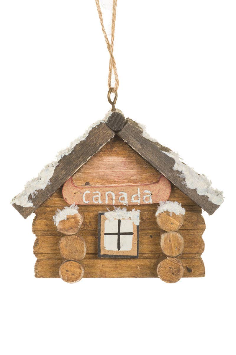 NEW-Umber Canada Log Cabin Ornament With Snowy Accents