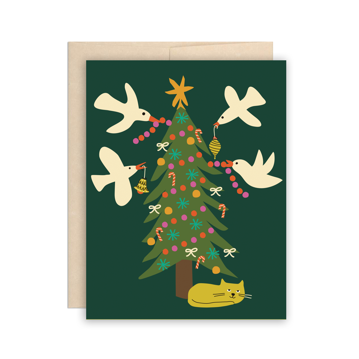 Cute Trim the Tree Birds & Cat Christmas Greeting Card