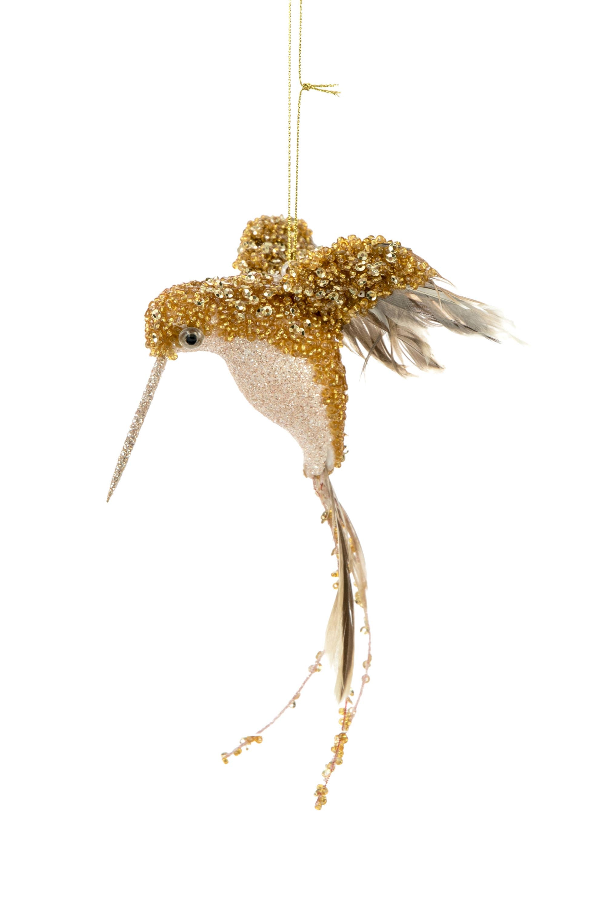 Gold/Brown Glittery Hummingbird Ornament with Curved Tail
